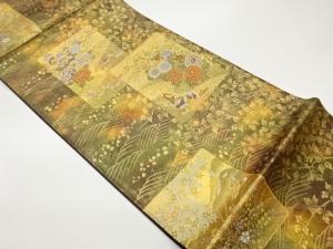 色紙に花鳥模様織出し袋帯